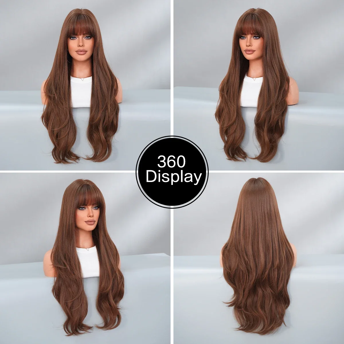 NAMM Long Loose Body Wave Brown Wig for Women Daily Use Cosplay High Density Synthetic Layered Wigs Natural Looking With Bangs