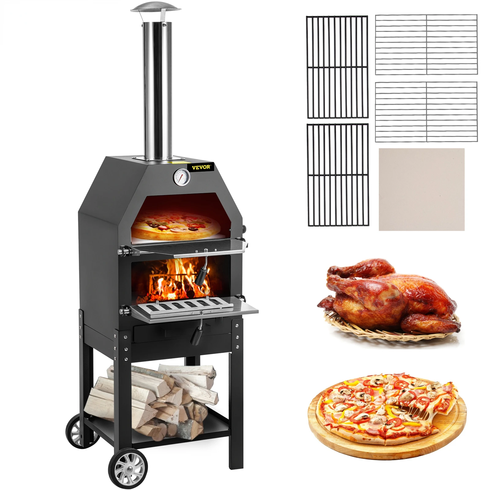 quot; Wood Fried Pizza Oven with Wheels & Handle Labor-Saving 2-Layer Portable for Backyard Camping Site Park Outdoor