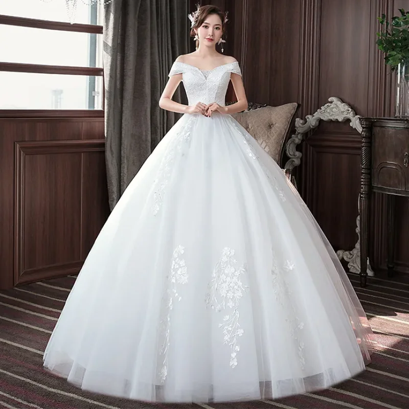 Dolce memoria scollo a barca abito da sposa principessa ricamo pizzo su rete bianco abiti da festa lunghi Sexy ragazza Prom Ball Gown