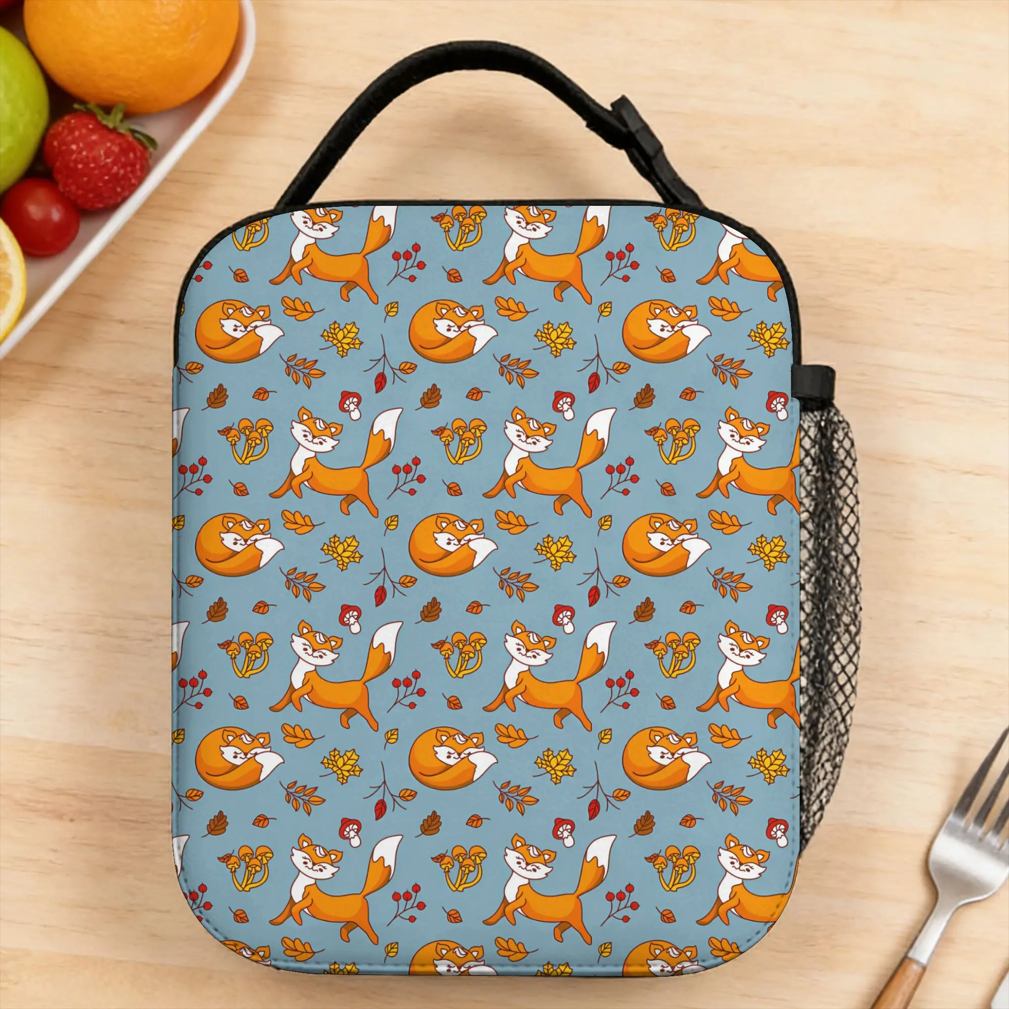 Lunch Bag Cute Foxes Light Blue Autumn Pattern Office Lunch Box For Child  Cute Portable Zipper Custom Thermal Tote Handbags