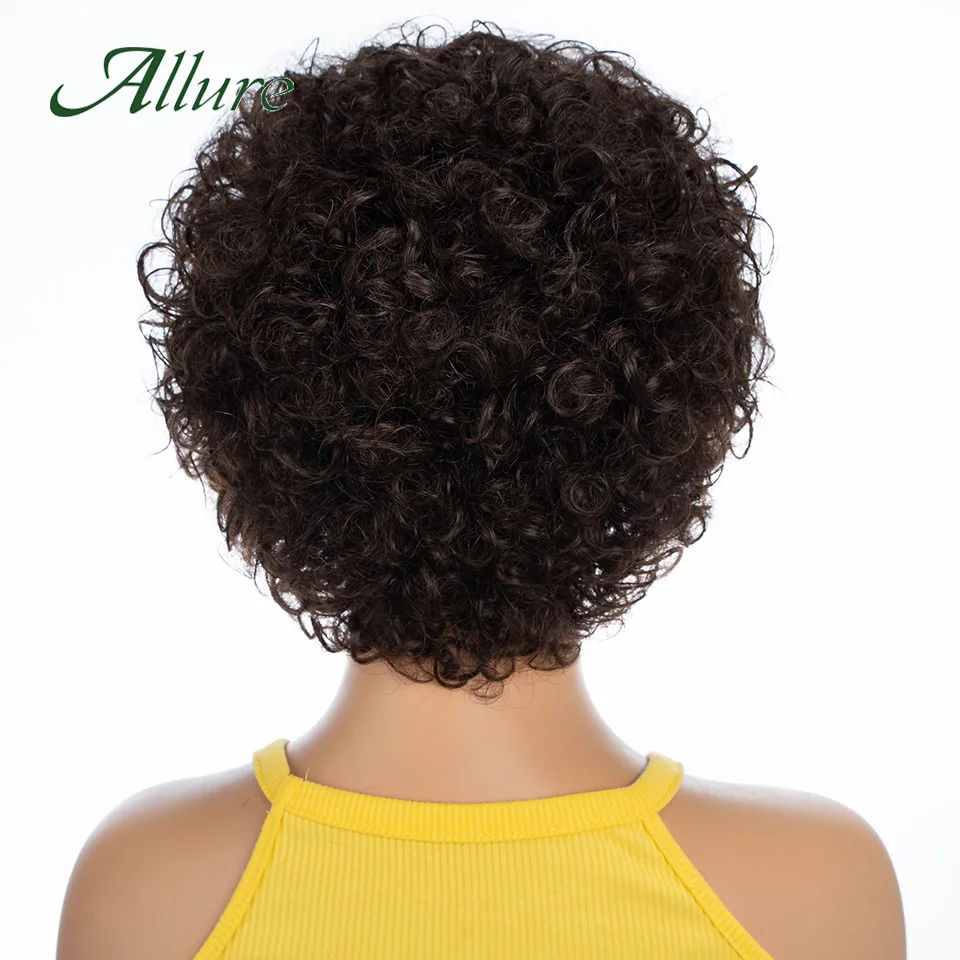 Short Pixie Afro Kinky Curly Wigs for Black Women Glueless Natural Brown Bob Wig With Bangs Jerry Curly Human Hair Wigs Allure