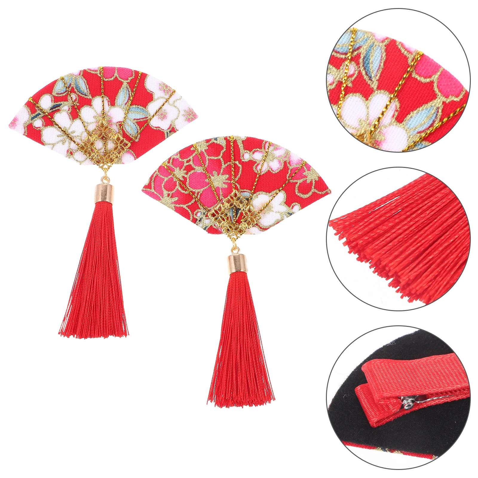 

2 Pcs Japanese Fan Hair Clips Red Flower Design Tassel Hairpins for Women Girls Lightweight Easy Wear Versatile Occasions