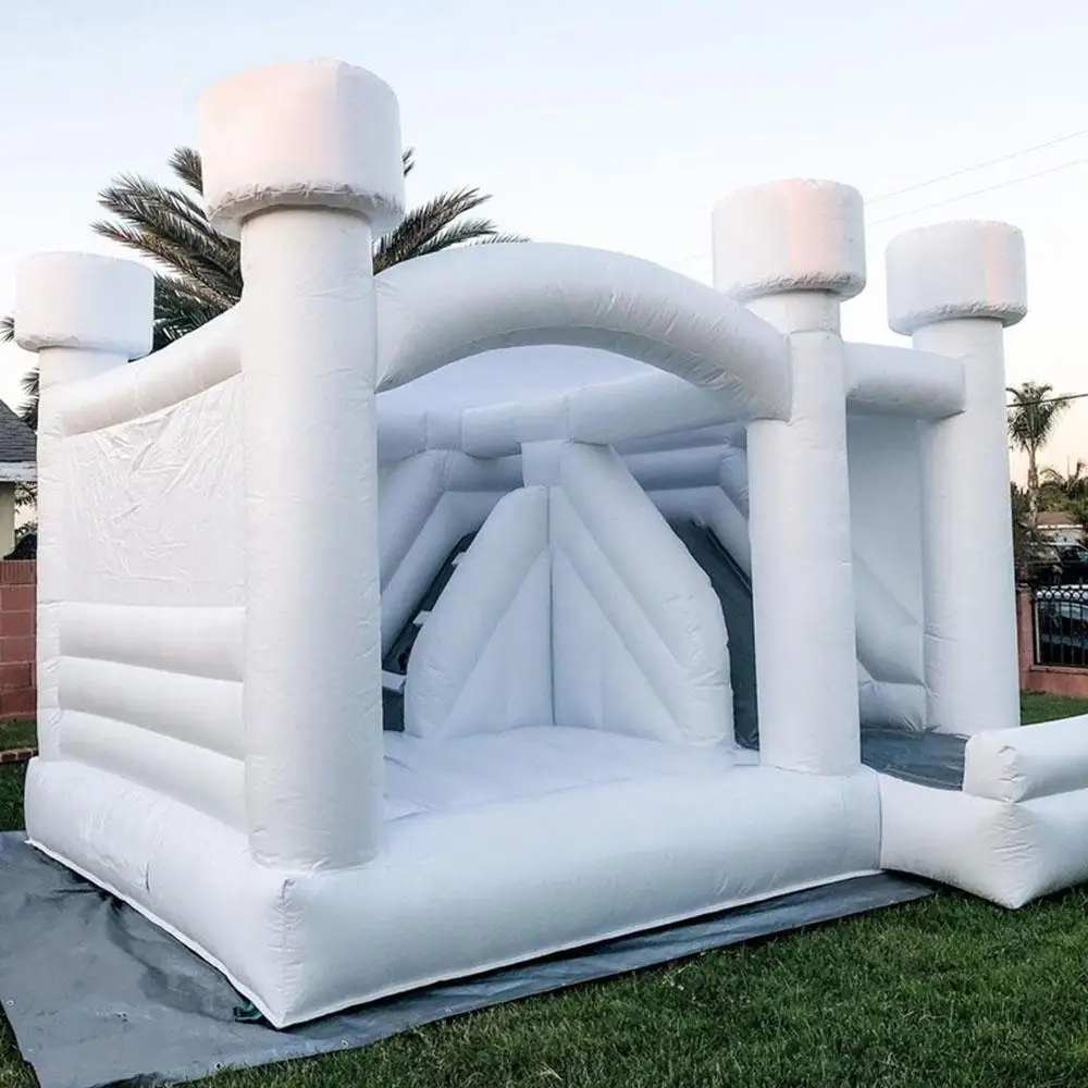 PVC Inflatable White Bounce Castle with Slide Jumping House Tent Bouncy Castle Jumper Included Air Blower for Outdoor Fun