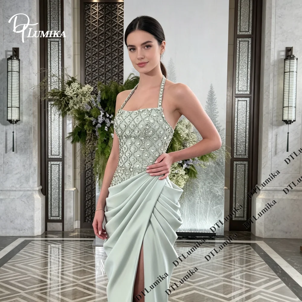 DTLumika Halter Rhinestone Embellished Mermaid Prom Dress Draped Skirt With High Slit Customized Evening Gowns for Women