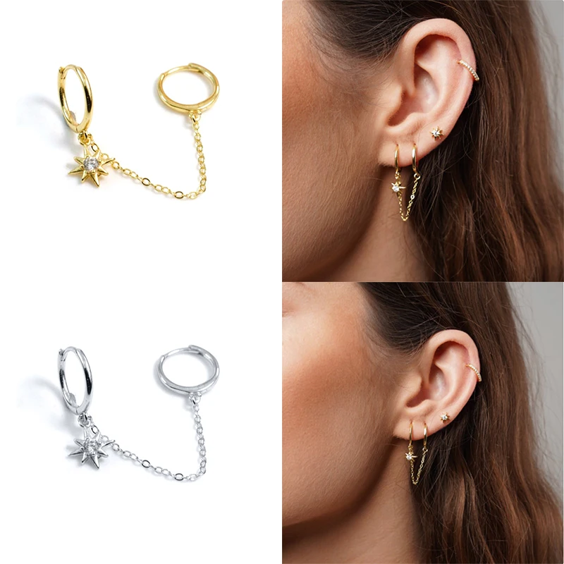 Gold Silver Color Plated Double Hole Link Chain Circle Hoop Earrings Zircon Star Lightning Eye Pendant Huggie Piercing Earring