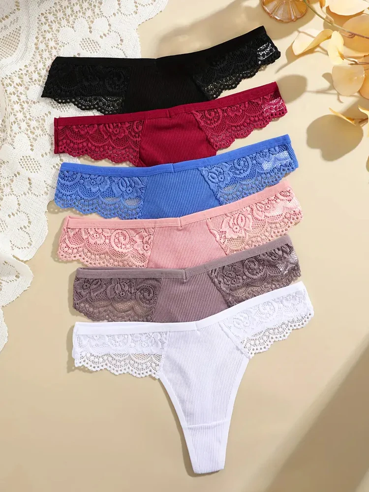 FINETOO 4Pcs Cotton Lace Underwear for Women Sexy Solid Color G-string Low Waist Hollow Out Panties Breathable Bikini Lingerie