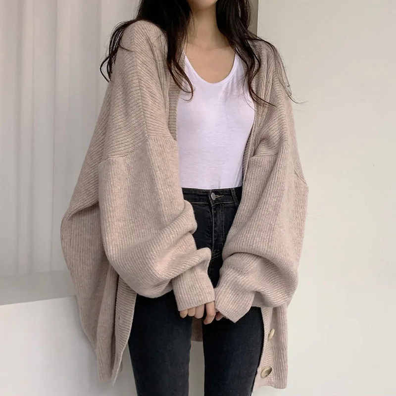 Lucyever Winter New Women Knitted Cardigan Casual Loose V-Neck Single-Breasted Sweater Coat Female Lantern Sleeve Warm Sweaters