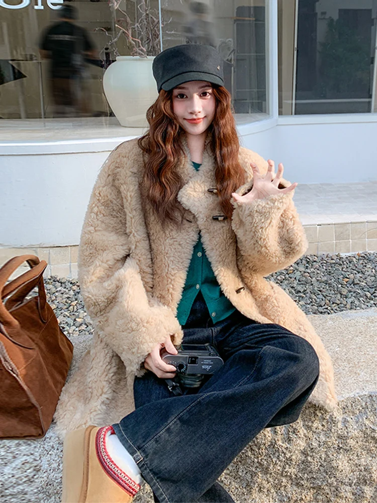 

Thiened Lamb Fur Jaet Women's Mid-Length Autumn Winter New Sle Warm Button Decorated Large Coat Fluffy Soft Outerwear