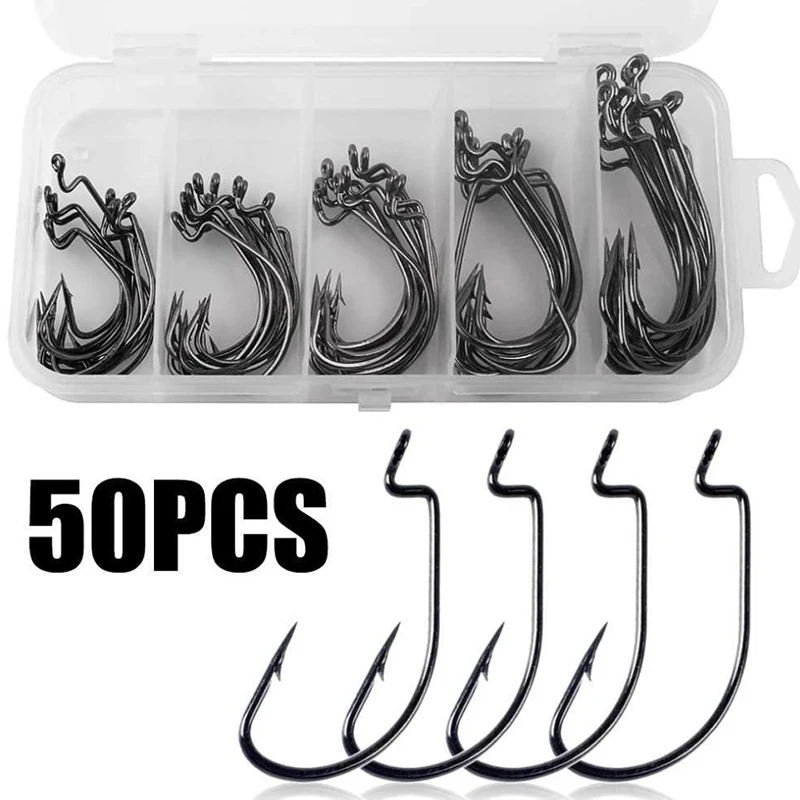 [SH]1Pc Small Five Grid Box Set Of 51 Crank Hooks, Black Nickel Fishing Hooks, Fishing Gear, Bait, And Hooks