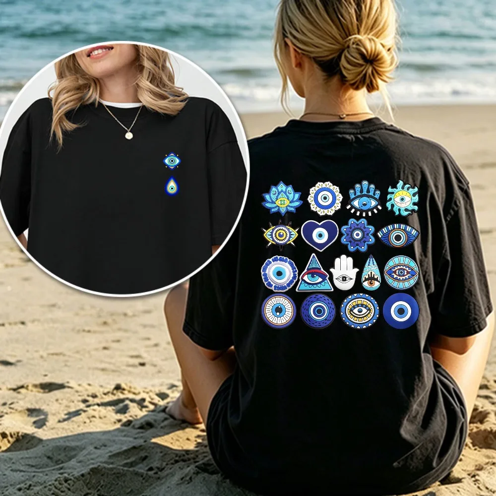 Fashion Evil Eye Motif Unisex Tee Trendy Summer Cotton Shirt Streetwear Casual Holiday Beach Top Protection Symbol Graphic Shirt