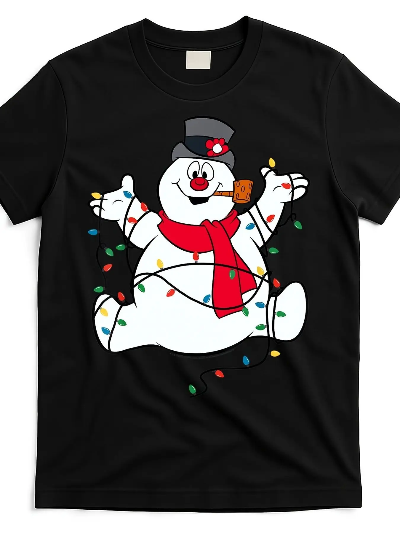 Frosty the Snowman Festive Illustration Black T-Shirt - Cheerful Christmas Design with Colorful Lights, Casual Crew Neck Tee for Holiday Celebrations