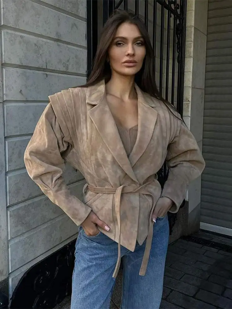 

2024 New Autumn Warm Waistband Irregular Hem Lapel Jacket Button Pleated Long Sleeved Women's Coats Ladies Commute Streetwear