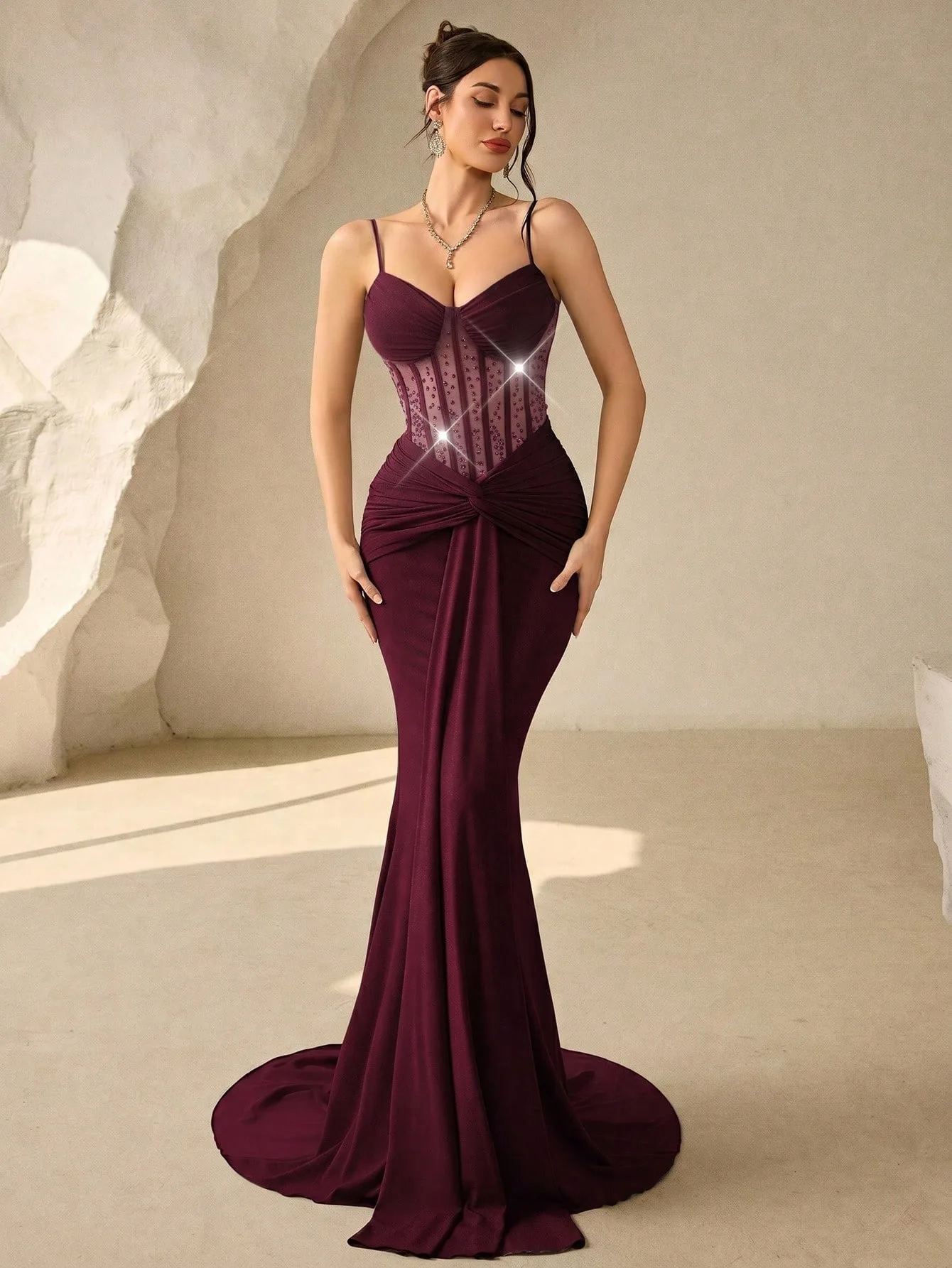 Women Spaghetti Strap Evening Dresses Sweetheart Neck Sheer Mesh Beaded Corset Mermaid Formal Prom Party Dresses