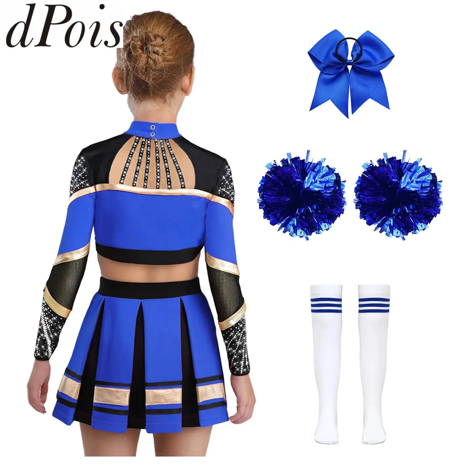 

Kids Girls Cheerleader Costume Outfit Schoolgirls Cheerleader Dance Uniform Long Sleeve Crop Top with Skirt Flower Balls Socks