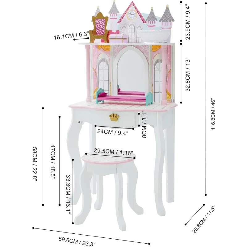 Dreamland Princess Play Vanity Set with Mirror, Shelf, Storage Drawer, Stool, and Accessories for 12