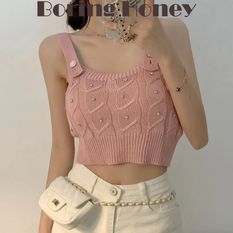 

Boring Honey Crop Top Women Summer Bead Knitted Tank Top Strap Shirt Tops A Couple Button Be All-Match Pure Colour Women Clothes