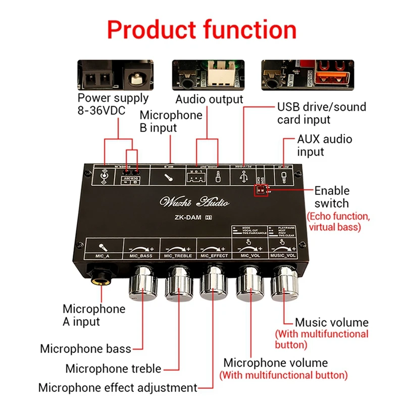 Dam บอร์ดเสียงสะท้อนคาราโอเกะ H1, เอฟเฟกต์ด้านหน้าไมโครโฟนร้องเพลงพร้อมบอร์ดถอดรหัส USB แบบบลูทูธ