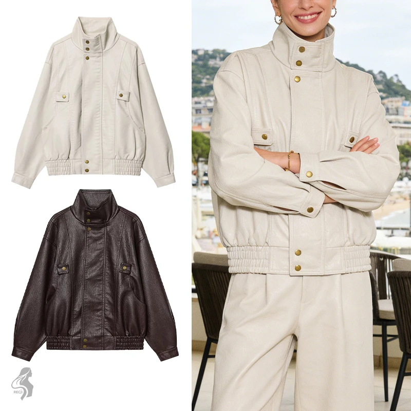 レディースレザースタンドカラーショートジャケット、仕事用ポケットとメタルジッパー付き、秋と冬のカジュアルレトロジャケット、女性服