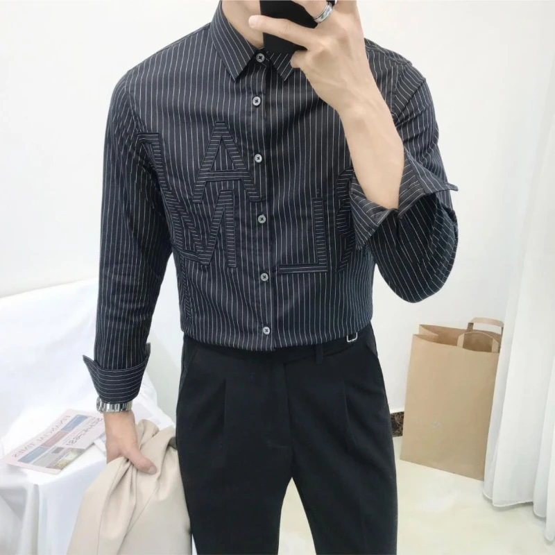 Autumn New Arrival Men's Long Sleeve Striped Slim Fit Korean Style Shirt with Letter Embroidery Design Sense Light Mature Casual