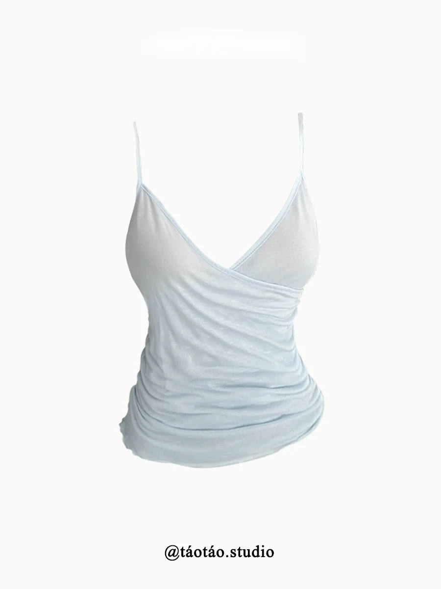 Sexy Cross Strap V-Neck Tank Top Women Summer Outerwear Slim Fit Ruche Detail Breathable Comfortable Rylee Fiber Casual Top