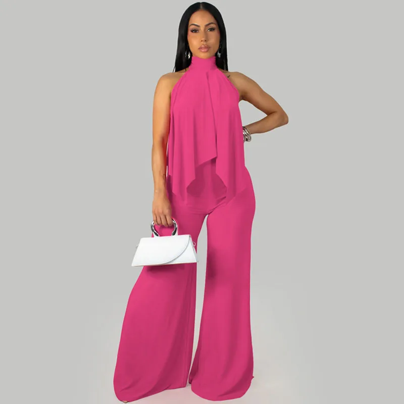

Doyerl Solid 2 Pieces Set for Woman Outfit Summer Clothes Loose Irregular Halter Sleeveless Top and Wide Leg Pants Matching Sets