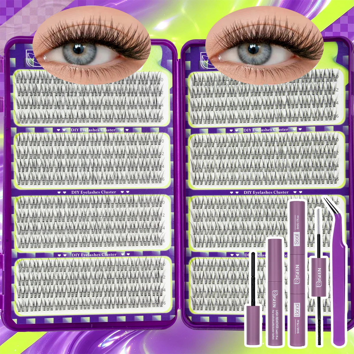 Wimpernbüschel-Set, Einzelwimpern-Verlängerungsset, Wispy Wimpernbüschel mit Wimpernkleber und Versiegelungsmittel sowie Pinzetten, verschiedene Stile – Detail 4