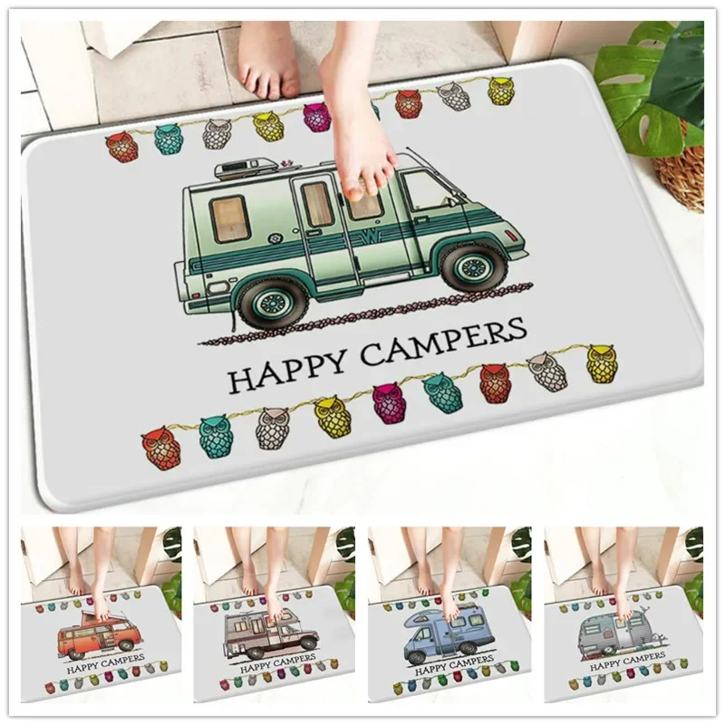 1Pc Happy Campers Pattern Floor Mat Non-Slip Home Decor Doormat Carpet Washable Living Room Bedroom Balcony Bath Hallway Rugs