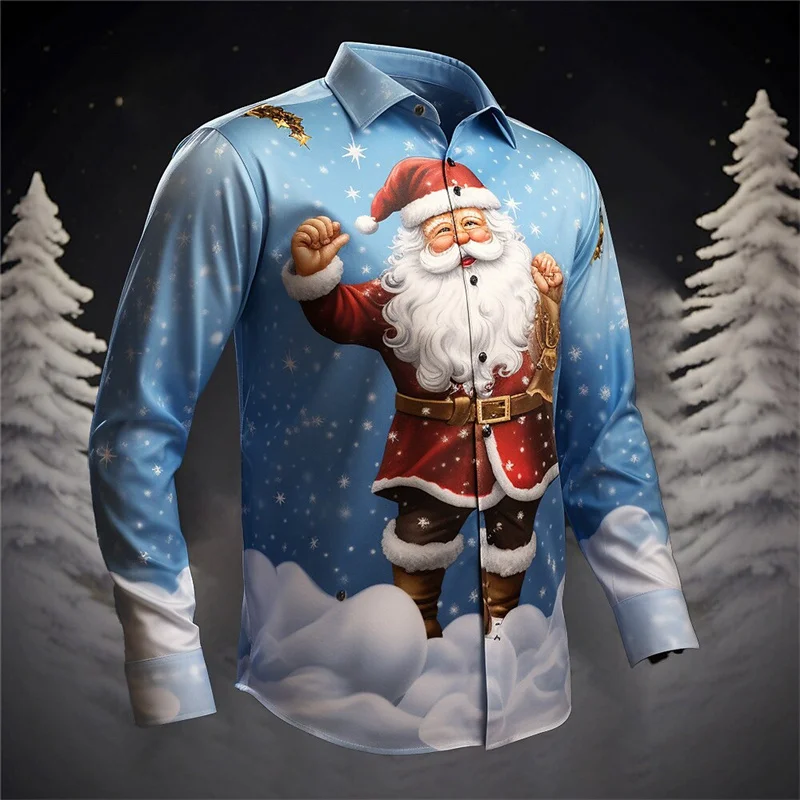 Santa Claus Casual Men\'s Button Shirt Long Sleeve Party Evening Autumn Winter Spring Summer Shirt Collar Button 3D Printing Thin