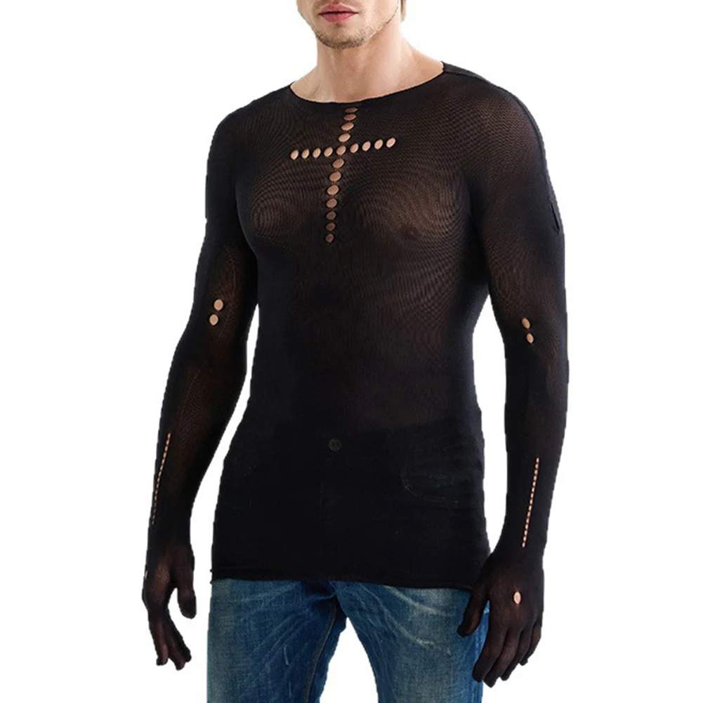 

Black Mesh Long Sleeve Shirt Club Outfit Black Mesh Shirt Black Men See Through T-Shirt 50 Polyester 50 Spandex