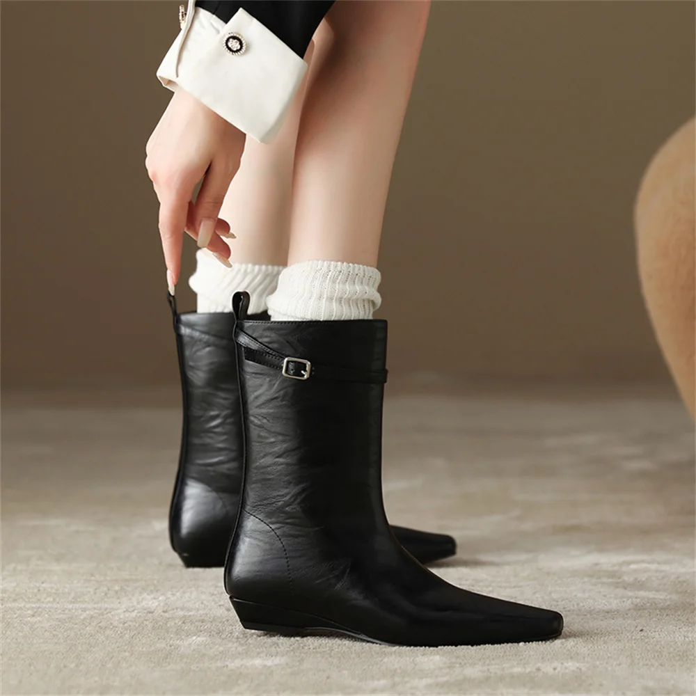 FEDONAS New Arrival Women Soft Leather Mid-calf Boots Low Wedges Heels Pointed Toe Party Dance Shoes Woman High Buckles Boots