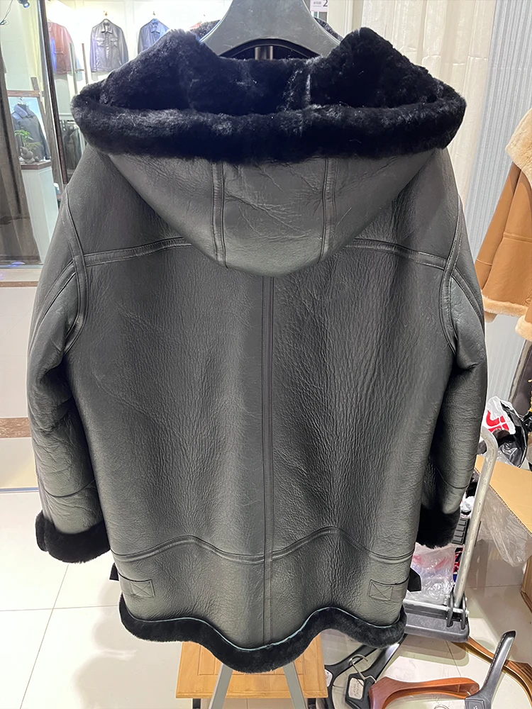 Winter Women Locomotive Suit Real Natural Merino Sheep Fur Coat Hooded Genuine Leather Jacket Thick Warm Luxury Female Coats