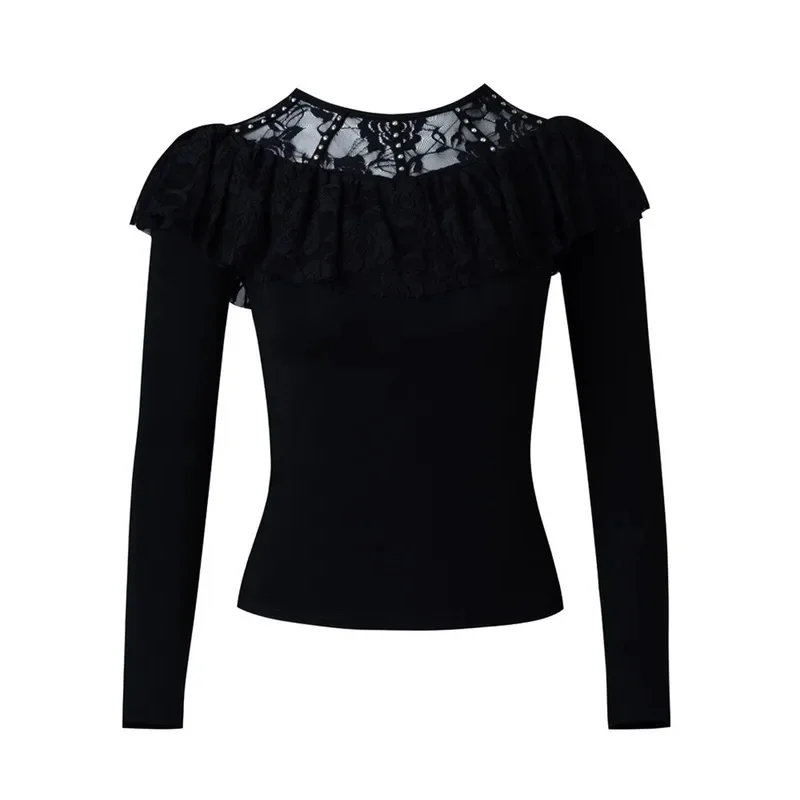 Round Neck Latin Dance Costume Evening T-shirt Jazz Solid Color Wear Pole Tango Clothes Women Mesh Patchwork Dancewear Line T*.1