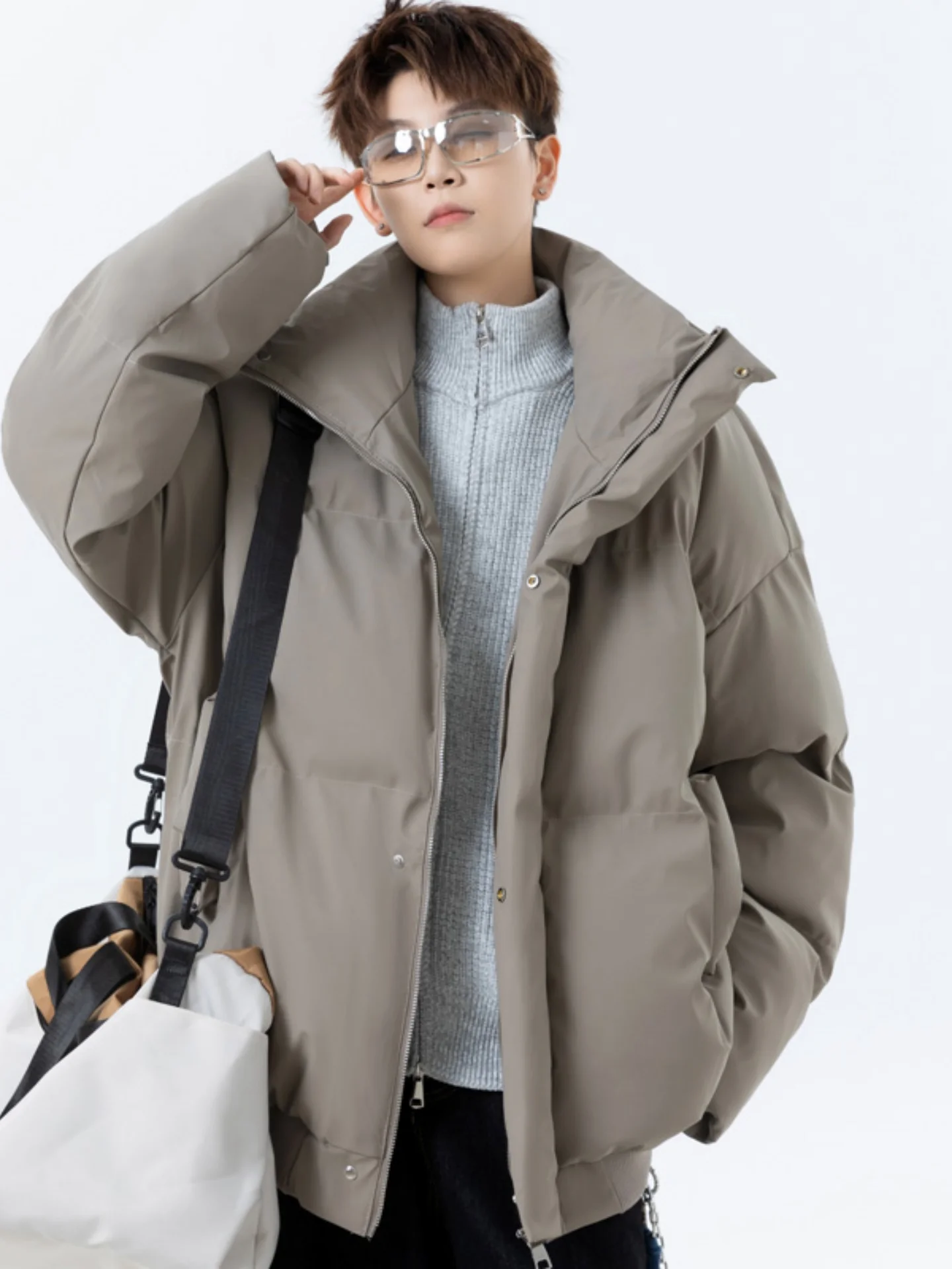 

American Sli Brand Men's ort PU Leather Cotton Jaet Stand Collar Thi Warm Bread Sle Coat Casual Streetwear