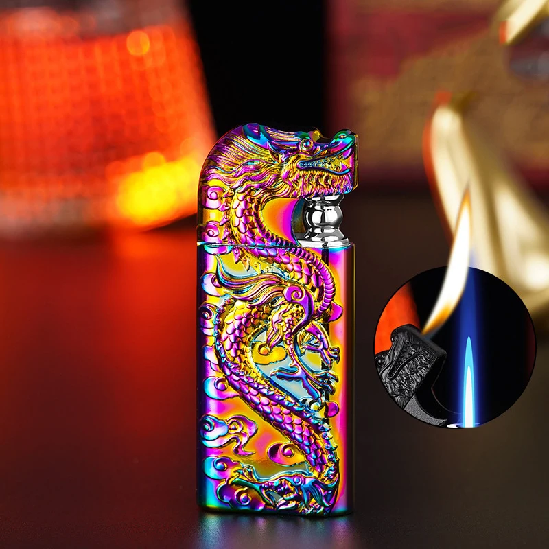 Wholesale of new dual flame direct conversion open flame inflatable lighters with metal three-dimensional relief dragon men\'s li