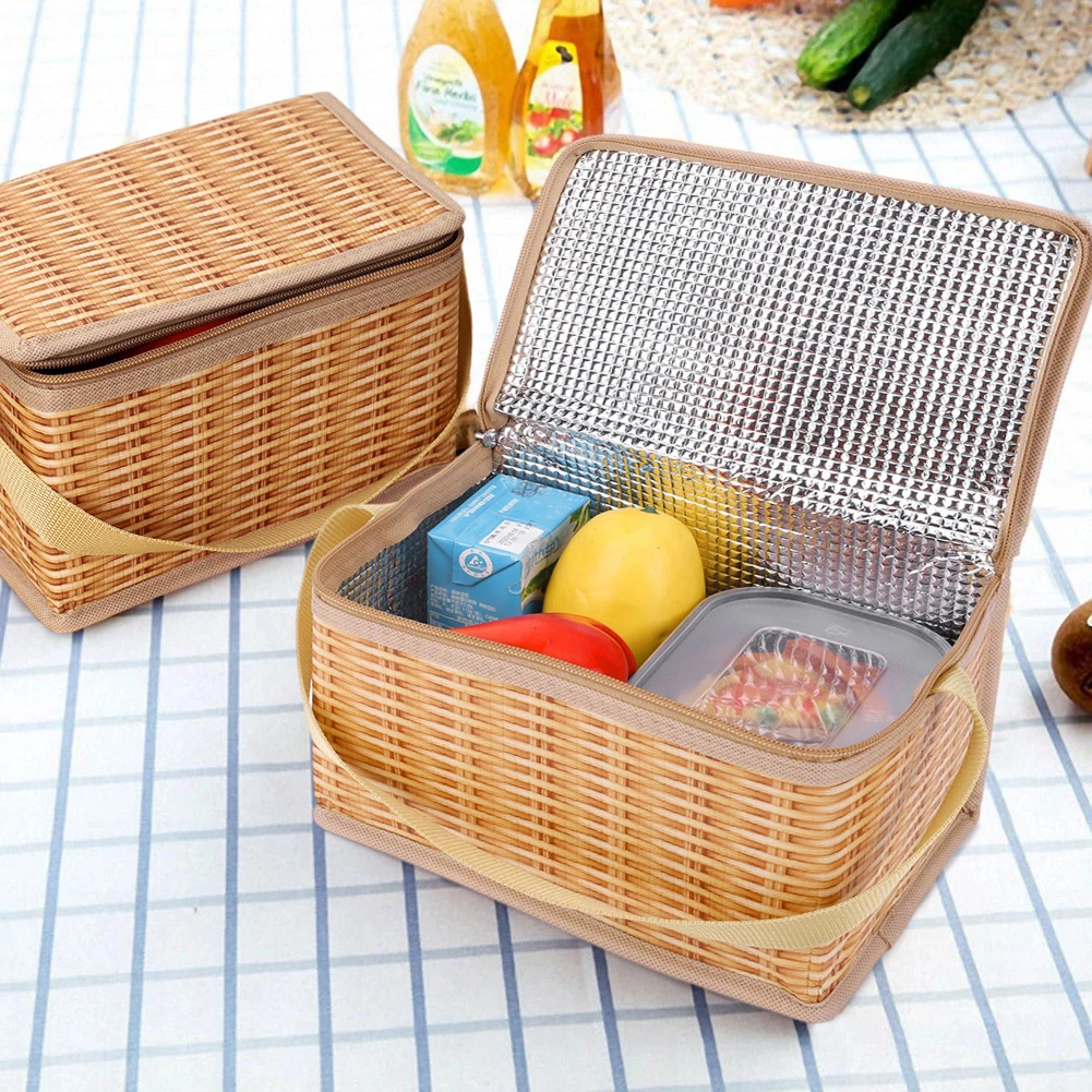 Portable Wicker Rattan Outdoor Picnic Bag Waterproof Tableware Insulated Thermal Cooler Food Container Basket for Home Camping