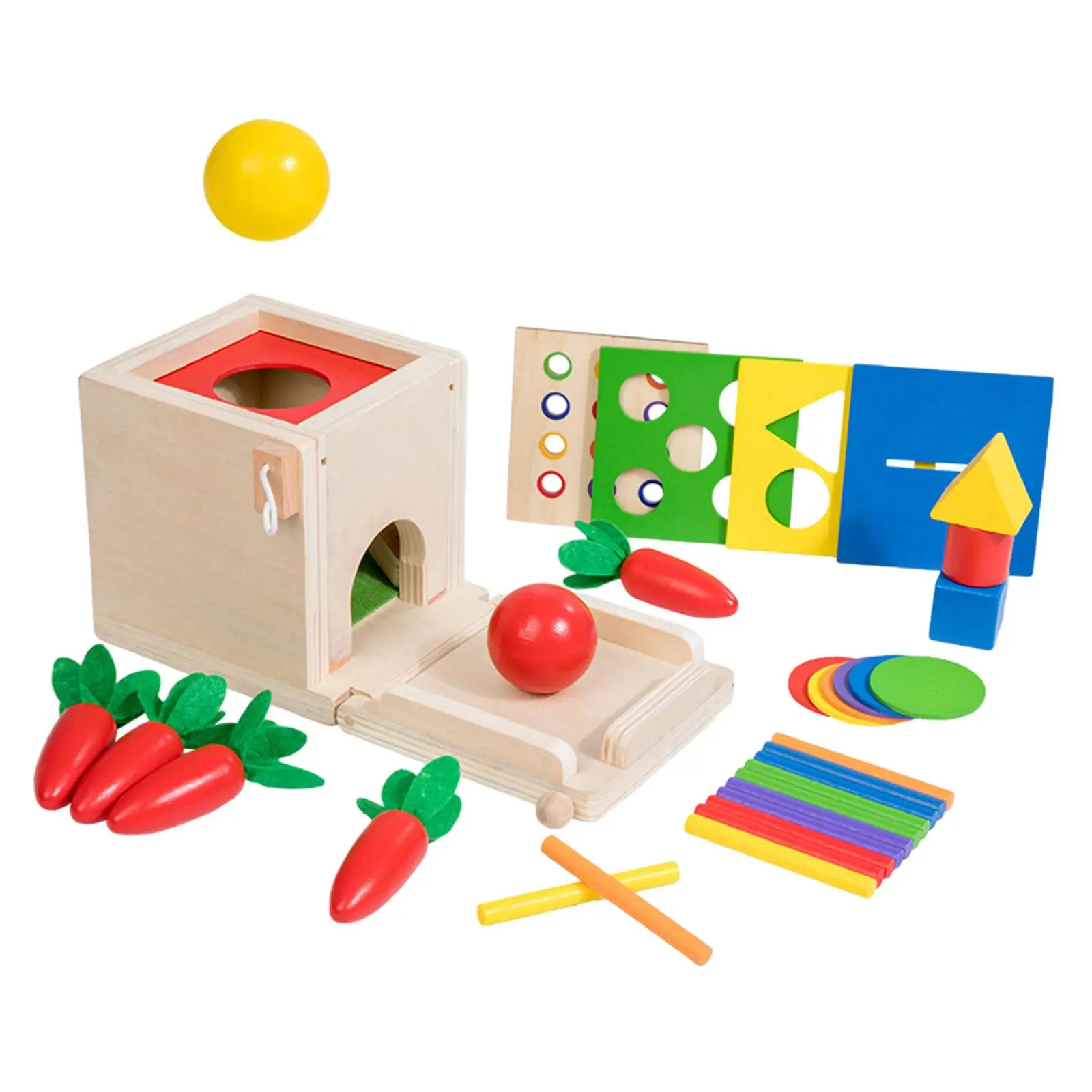 

Wooden Montessori Toys Object Permanence Box Shape Sorter Educational Carrot Harvest Balls Drop Box for Baby Infants Preschool