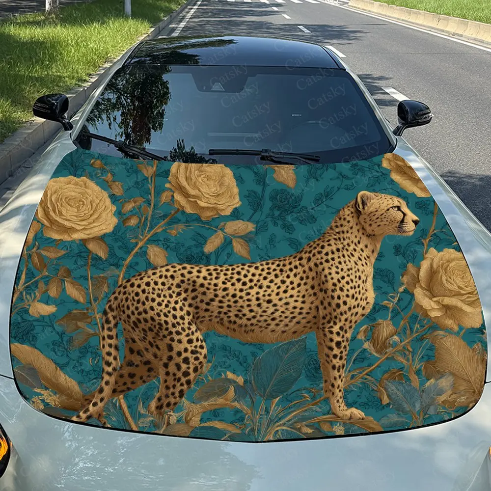 Cheetah And Rose Car Sticker Paper, PVC Waterproof Engine Hood Sticker, Self-adhesive Scratch Resistant Sticker, Suitable For Tr