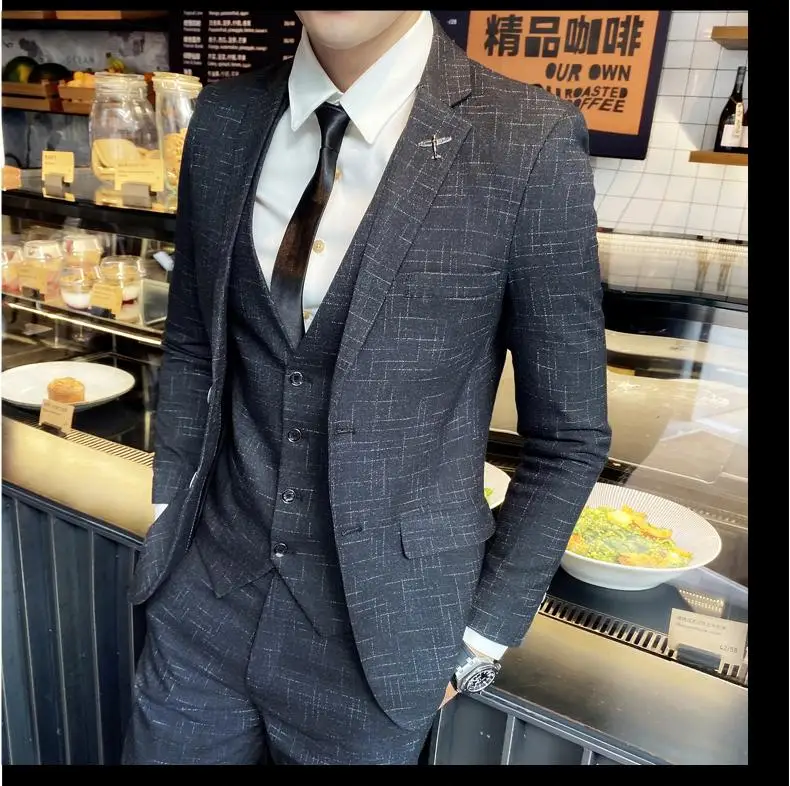 2023 Men's British Fashion Three-piece Set Slim Fit Suit Vest Trousers Ensemble Handsome Trendy All-in-one Banquet Blaze 34 S1753ddbd356e43de99ad2298d33207693