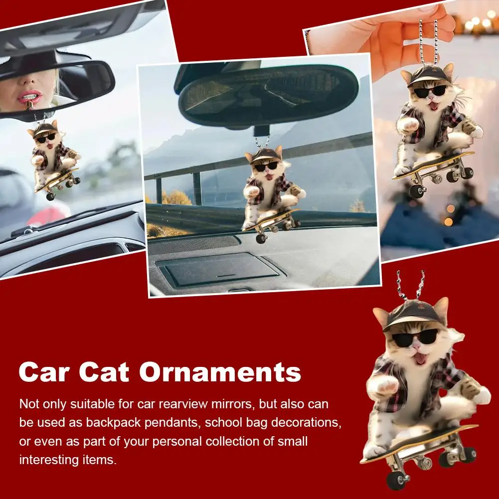 

Creative Acrylic Flat 2D Cool Skateboarding Cat Pendant Interior Car Rearview Mirrors Ornament Pendant Interior Auto Car De X8R9