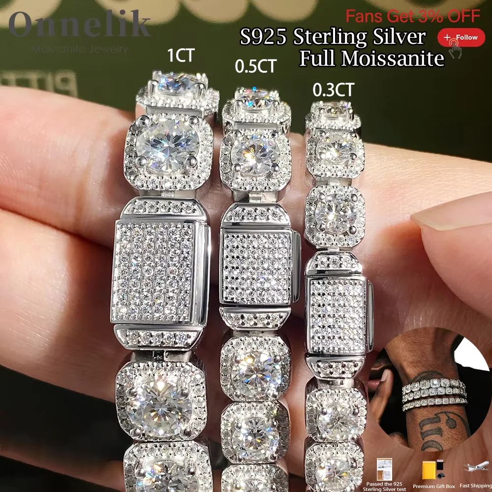 

Onnelik Full Moissanite Cuban Link Bracelet for Men Sparkling Diamonds S925 Sterling Sliver Plated 18K Gold Hip Hop Fashion Gift