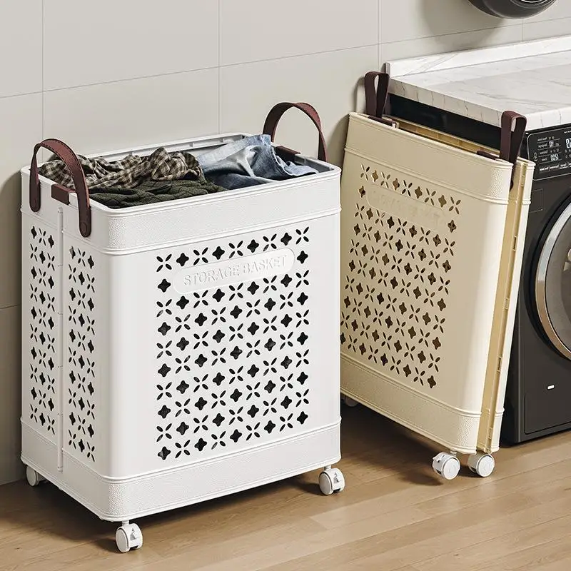 

Thickened Plastic Home Storage Basket Dirty Laundry Basket with Wheels Foldable Clutter Box Toy Clothes Organizer Basket