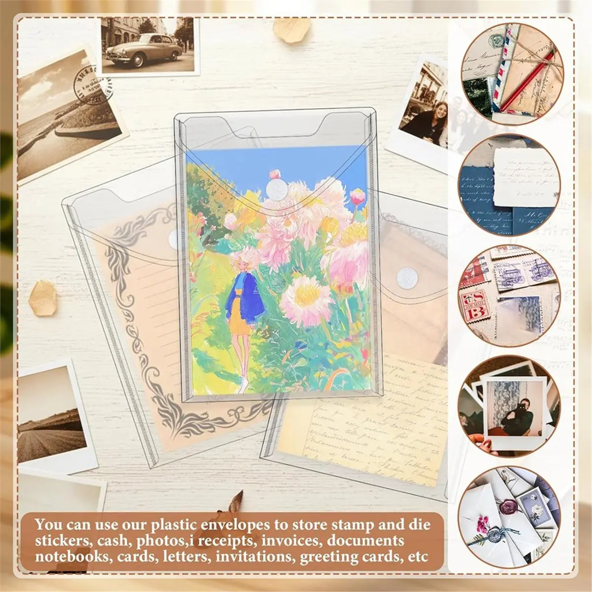 50Pack 7x9.8''Clear Plastic Envelopes Hook Loop Closure Receipt Stickers Storage Holder Reusable Small Plastic Envelope