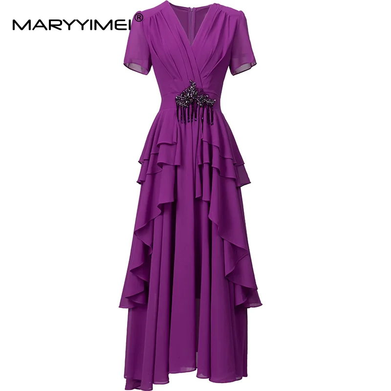 

MARYYIMEI Women's Elegant Party Prom Maxi Dress V-Neck Short-Sleeved Beading Flounced Edge Slim Solid Dresses