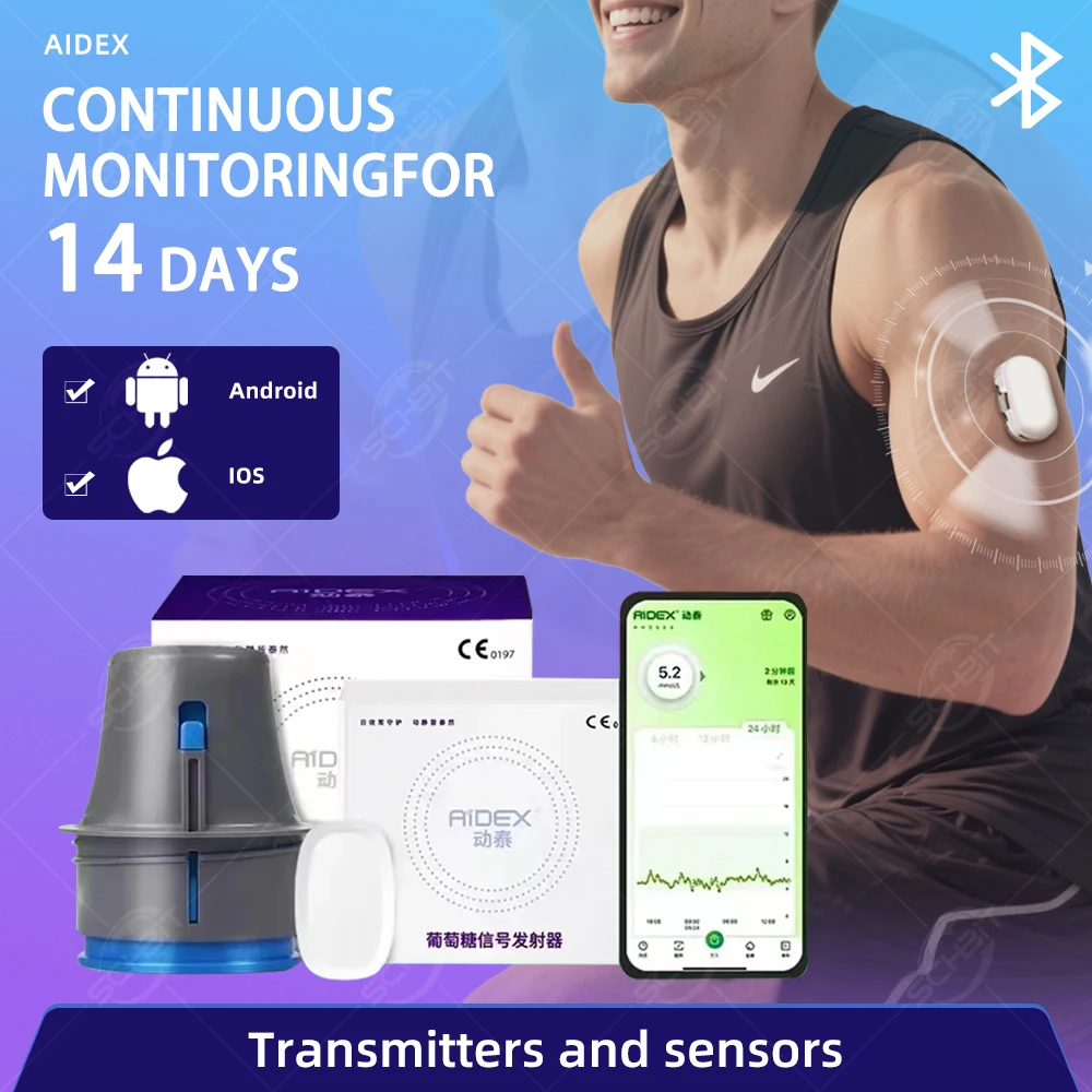 AIDEX CGMS Compatible con iOS/Android, Monitoreo de Glucosa en Sangre en Tiempo Real de 14 Días-24h, Sistema Multilingüe sin Escaneo, Monitoreo Remoto