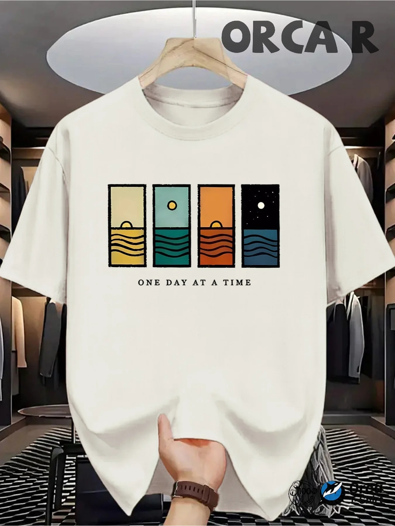 Minimalist Abstract Landscape Pattern Short Sleeve T-Shirt One Day One Moment Light Shadow Design Unisex Pure Cotton Loose Top Sun Moon Ocean Element Print Trendy Casual Versatile Summer New Fashion Creative