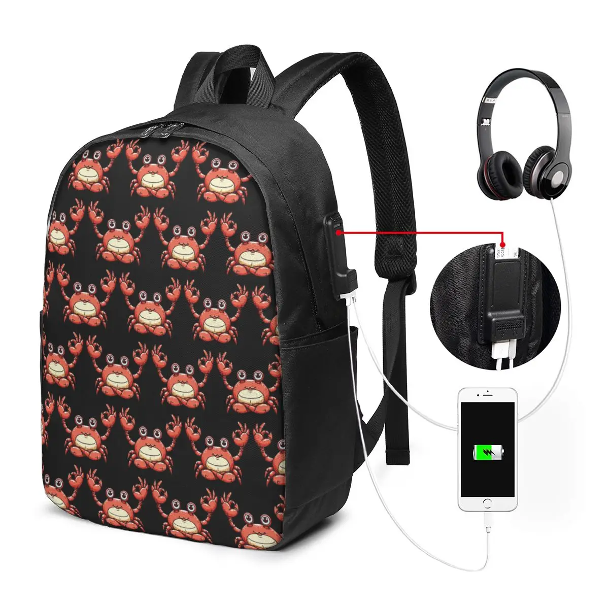 Cute Red Crab Face Cartoon Backpack Travel Notebook Bag Computer College Student School Bag Laptop Shoulder Bags for Men Women