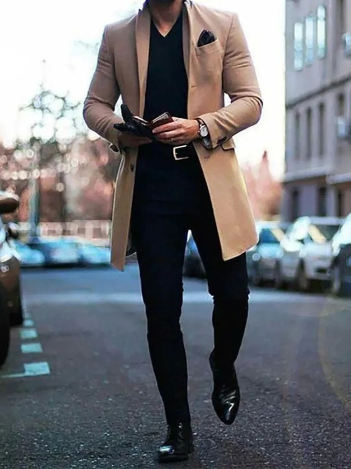 

Мужское приталенное пальто средней длины с отложным воротником, длинными рукавами, молодежный стиль, осенняя ветрозащитная верхняя одежда, другие материалы, 00%