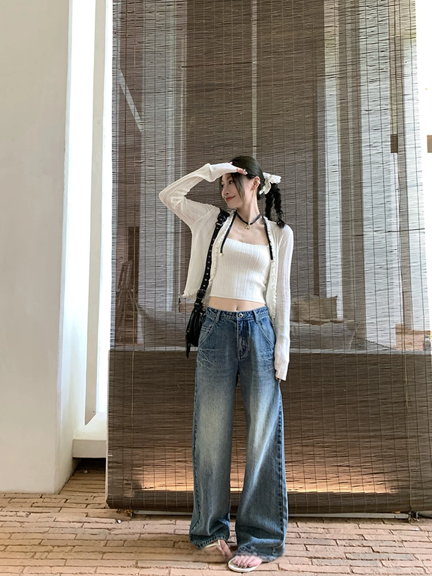 

Джинсы с высокой талией и прямыми штанинами, женские, свободного кроя, летние, повседневные, винтажные, синие, из денима, для молодых женщин