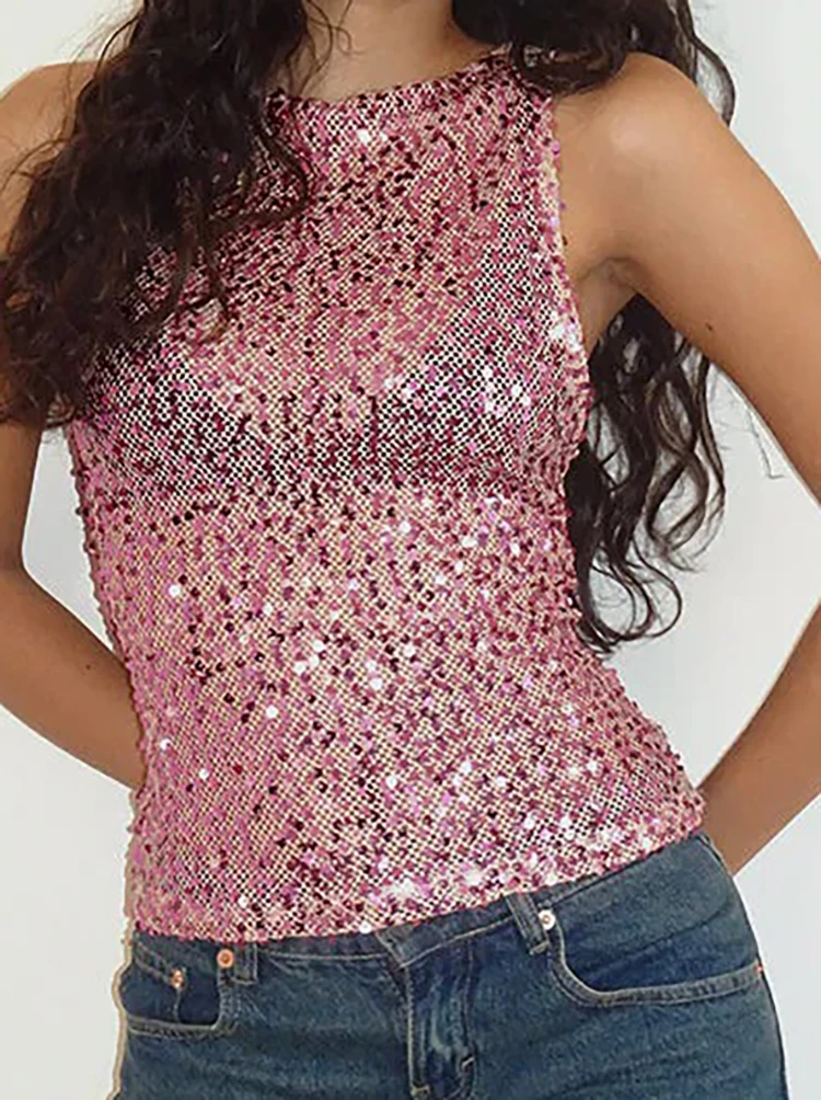 Ladies Sexy O-neck Sleeveless Slim Fit Top Club Party Shining Sequin Casual T-shirt 2026 New Summer Solid Color Street Blouses