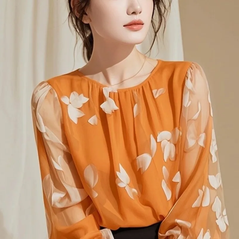 Women Spring Summer Office Lady O-neck 3/4 Sleeve Chiffon Shirts Ladies Fashion Floral Printing All-match Temperament Tops